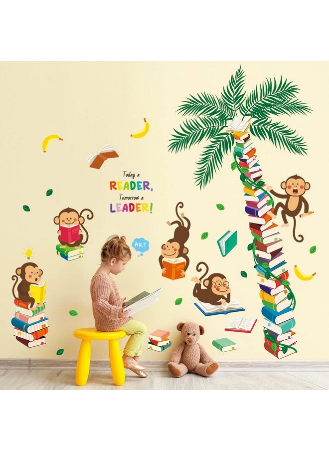 Ds9-8065 Monkey Tree Books Wall Stickers Decals For Kids Jungle Reading Playroom Toddler Reading Nook Safari Classroom Bedroom Baby Decor Diy Animals Nursery