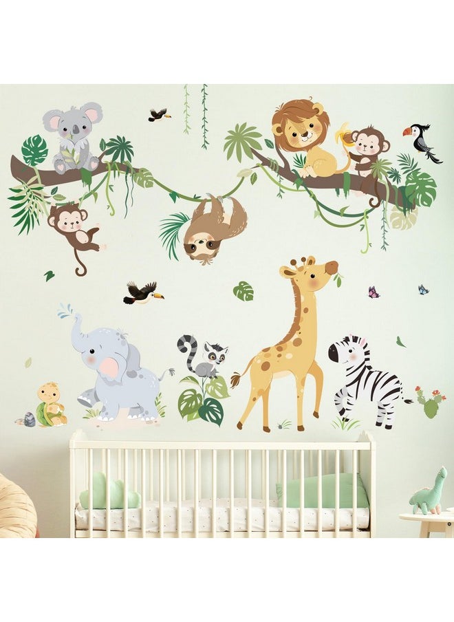 Jungle Animals Tree Branch Wall Decals Safari Monkey Giraffe Lion Wall Stickers Baby Nursery Kids Room Daycare Wall Decor