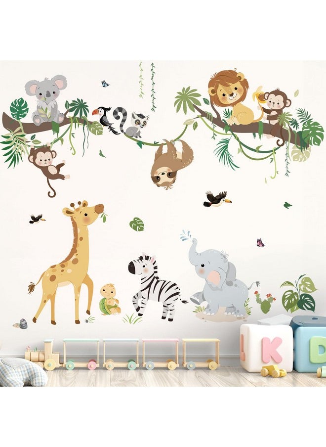 Jungle Animals Tree Branch Wall Decals Safari Monkey Giraffe Lion Wall Stickers Baby Nursery Kids Room Daycare Wall Decor