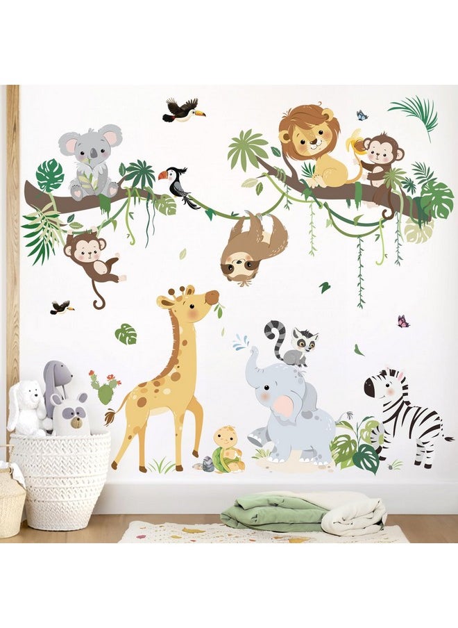 Jungle Animals Tree Branch Wall Decals Safari Monkey Giraffe Lion Wall Stickers Baby Nursery Kids Room Daycare Wall Decor