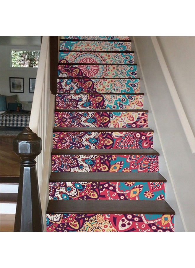 14Pcs Boho Mandala Totem Peel And Stick Stair Riser Stickers, Self Adhesive Vinyl Staircase Decals Decor For Steps, 39.37''X7.08'' Multicolor Romany Floral