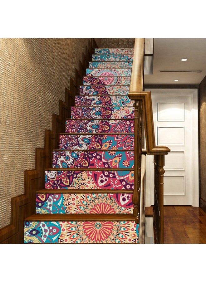 14Pcs Boho Mandala Totem Peel And Stick Stair Riser Stickers, Self Adhesive Vinyl Staircase Decals Decor For Steps, 39.37''X7.08'' Multicolor Romany Floral