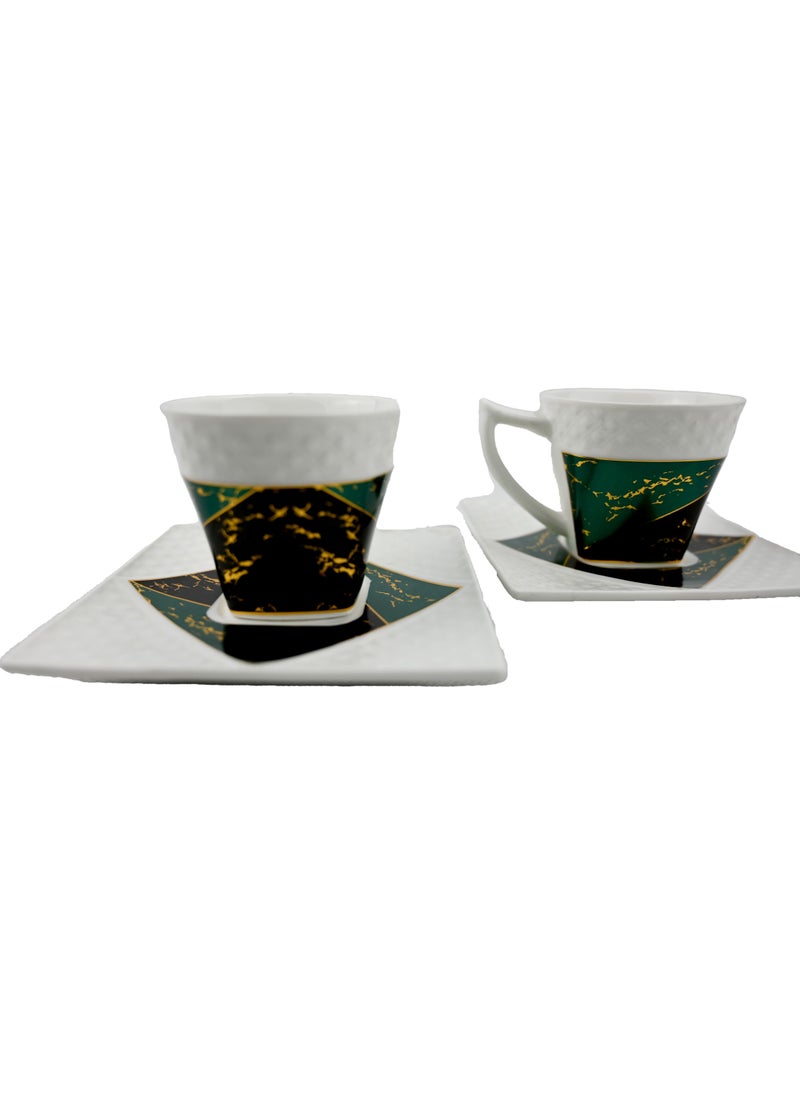 Gift Set Ceramic Cups, Green-White-Black-Gold Pattern Design Mugs with Saucer, Set of 2