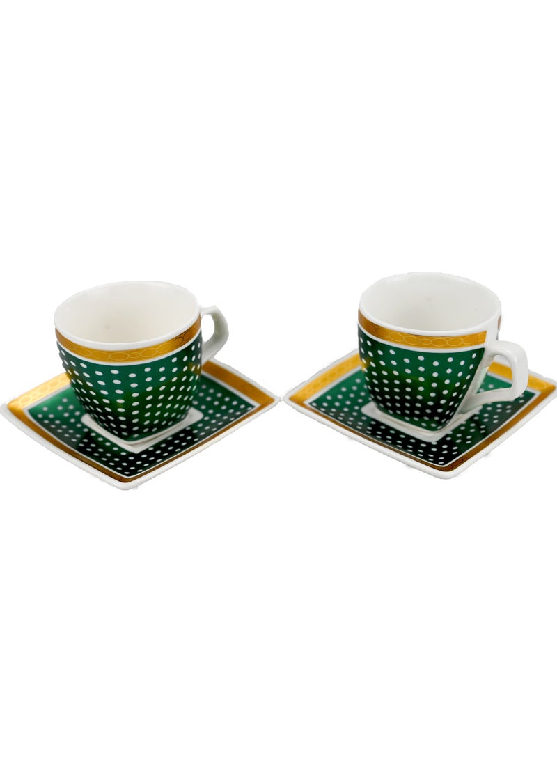 Gift Set Ceramic Cups, Green Pattern and Polka Dots Design Mugs with Saucer, Set of 2