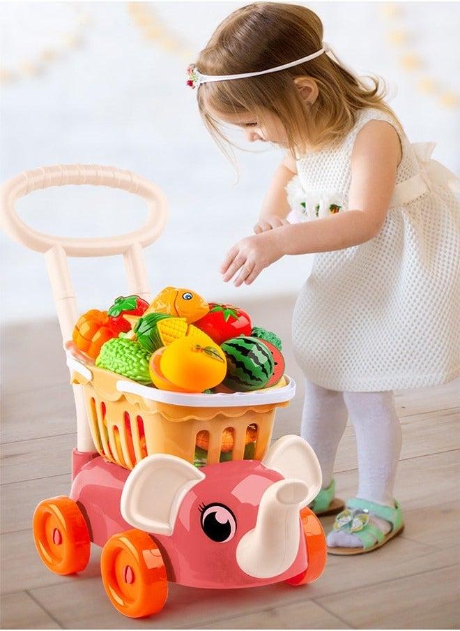 Cutting Play Food Toy for Kids Kitchen, Pretend Fruit &Vegetables Accessories with Elephant Shopping Storage Basket, Plastic Mini Dishes and Knife, Kitchen Playset