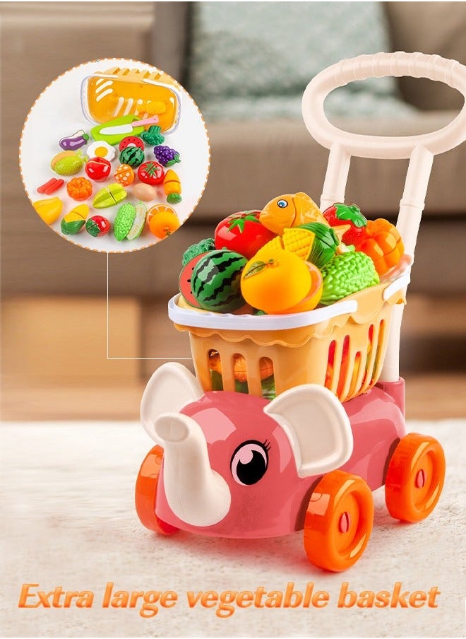 Cutting Play Food Toy for Kids Kitchen, Pretend Fruit &Vegetables Accessories with Elephant Shopping Storage Basket, Plastic Mini Dishes and Knife, Kitchen Playset