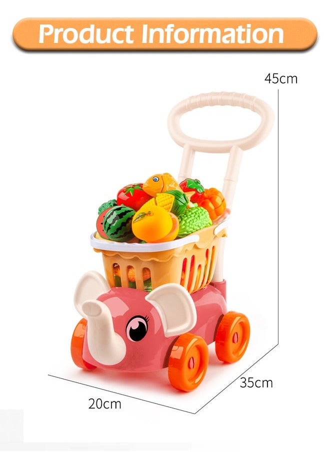 Cutting Play Food Toy for Kids Kitchen, Pretend Fruit &Vegetables Accessories with Elephant Shopping Storage Basket, Plastic Mini Dishes and Knife, Kitchen Playset