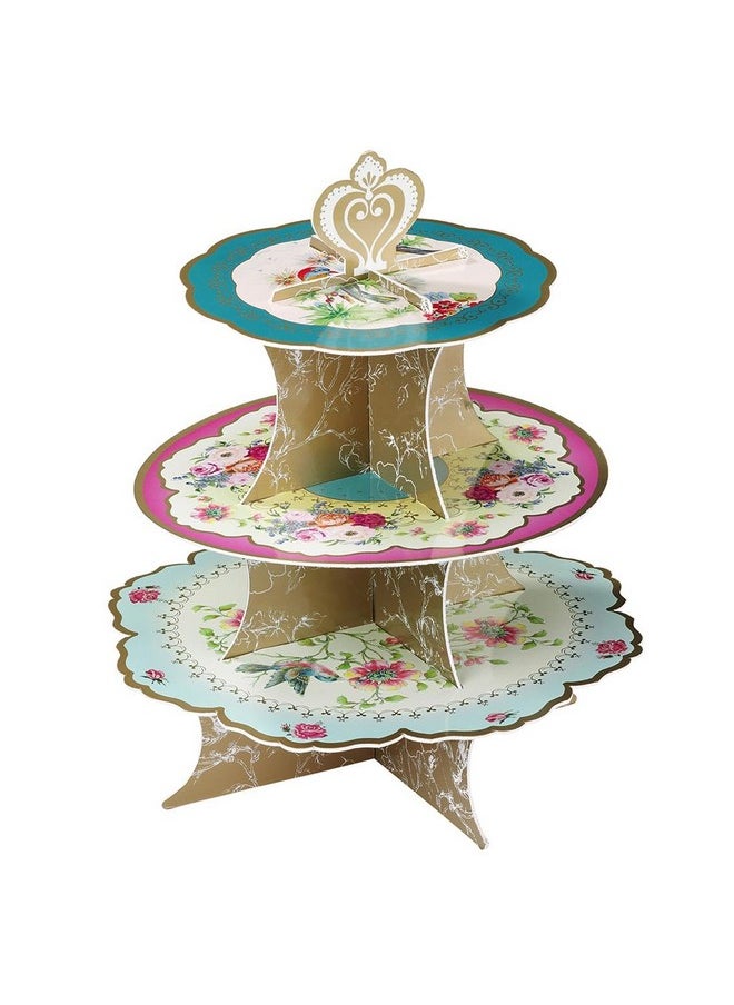 Afternoon Tea Cake Stand Floral Party Decorations | Truly Scrumptious |Card, 3-Tier, Anniversary, Birthday, Baby Shower, Wedding Pink, Blue, Yellow, Height 36Cm, 14