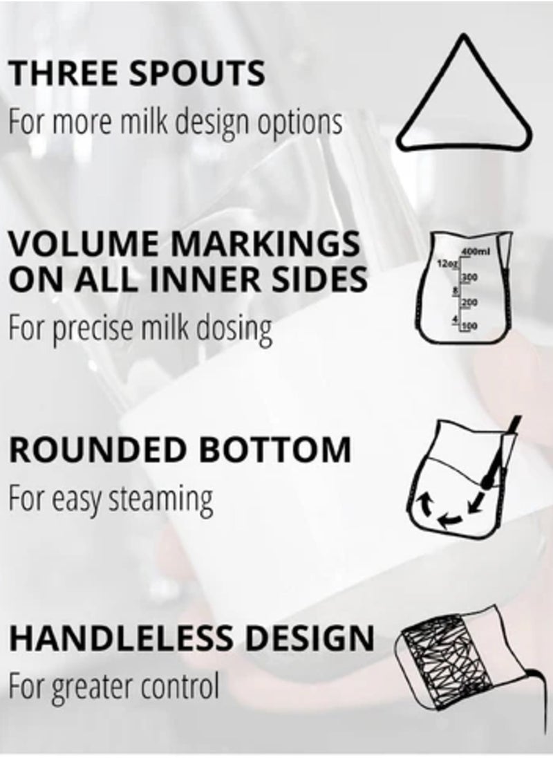 Create 3-in-1 Latte Art Pitcher, with Silicone Sleeve and Measurement Markings, Stainless Steel Food Grade Body, Black - 15oz