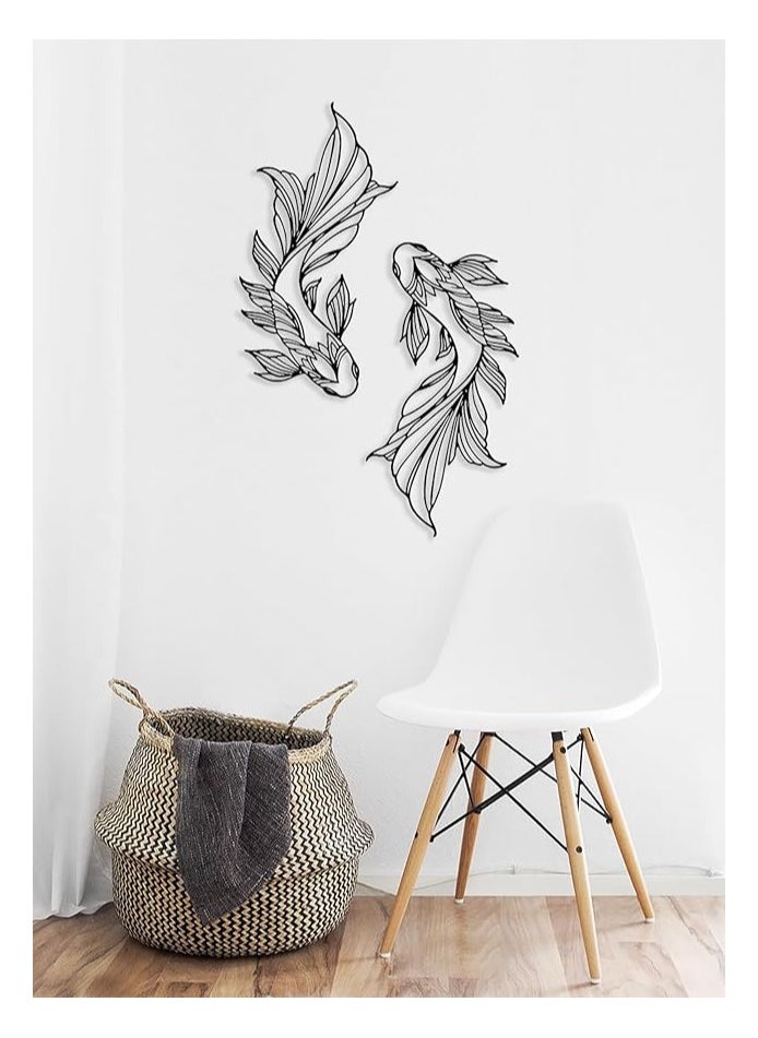 Wooden Wall Art With Self Adhesive Base - Black (Koi Fish) - Pack of 2
