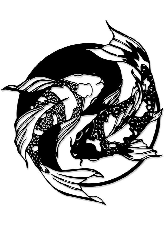 Wooden Wall Art With Self Adhesive Base - Black (Koi Yin Yang Fish)