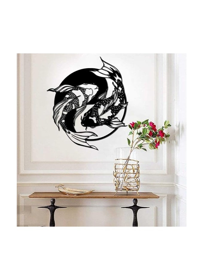 Wooden Wall Art With Self Adhesive Base - Black (Koi Yin Yang Fish)