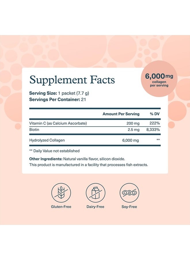 Collagen Powder - Premium Collagen Supplement with Vitamin C & Biotin - Supports Healthy Hair, Nails, Skin & Joints* - Dairy, Soy & Gluten Free - Vanilla, .27 oz (21 Pack)