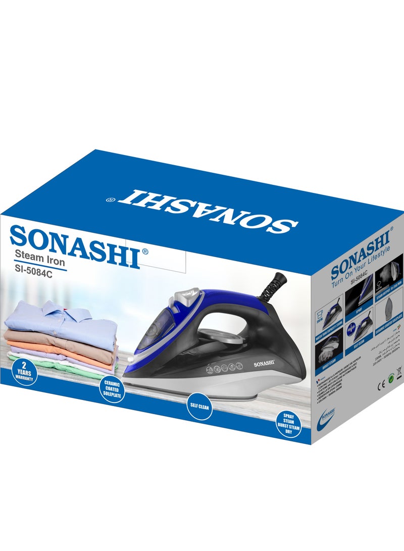 Steam Iron with Ceramic Coated Soleplate | Steam/Burst Steam/Spray/Dry Iron with Self-Clean Function | Water Tank 230ML - Ideal for All Fabrics 230 ml 2600 W SI-5084C Blue/Black