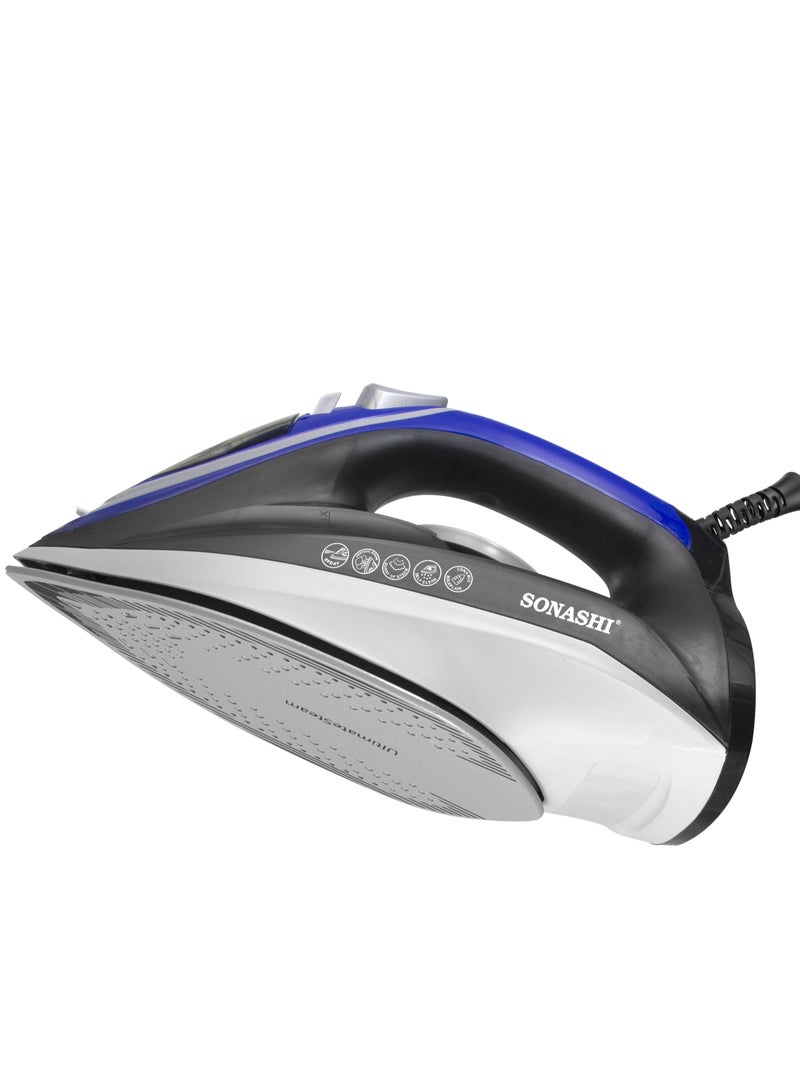 Steam Iron with Ceramic Coated Soleplate | Steam/Burst Steam/Spray/Dry Iron with Self-Clean Function | Water Tank 230ML - Ideal for All Fabrics 230 ml 2600 W SI-5084C Blue/Black