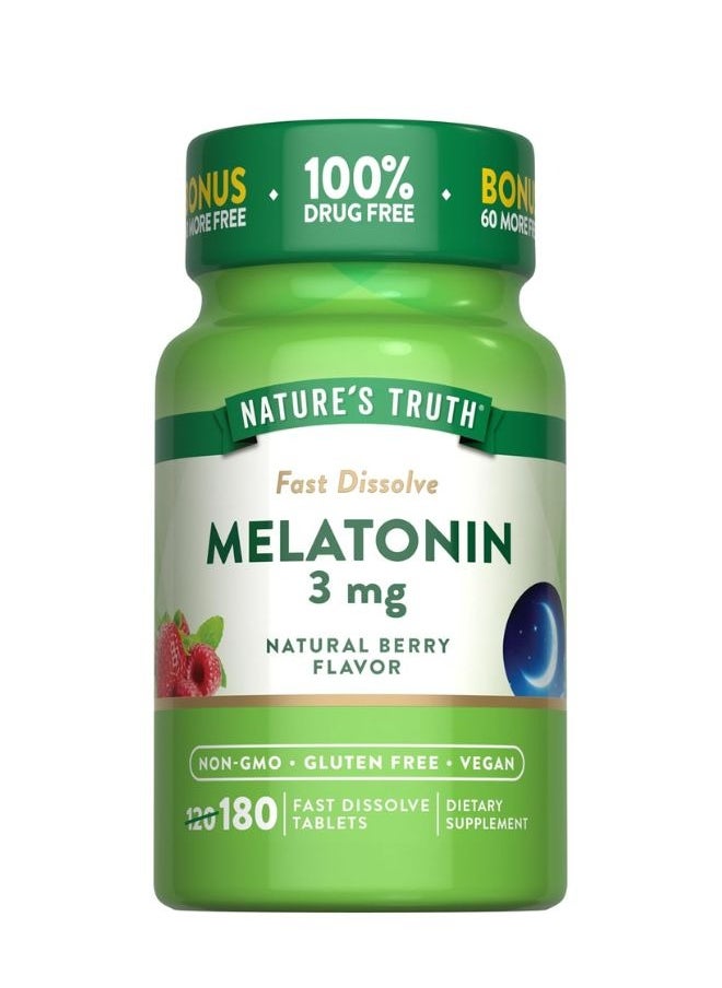 Melatonin 3Mg Fast Dissolve Tablets 180 Count Natural Berry Flavor Vegan, Non Gmo, And Gluten Free Supplement