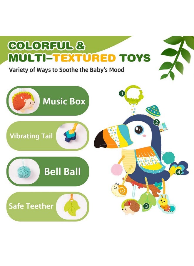 Musical Activity Pull String Hanging Toy For Baby Stroller Car Seat Crib Play Gym, Plush Stuffed Toucan Toy For Carseat With Music Teether Rattles, Sensory Toy For Baby Gift