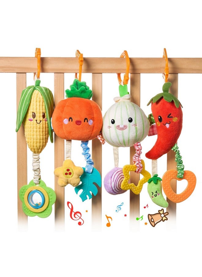 Hanging Baby Toys, 4 Pack Vegetable Crib Stroller Baby Gym Mobile Plush Toys, Early Baby Cognitive Sensory Hanging Rattle Toys With Teether. Suitable For Babies 0, 3, 6, 9, 12 Months