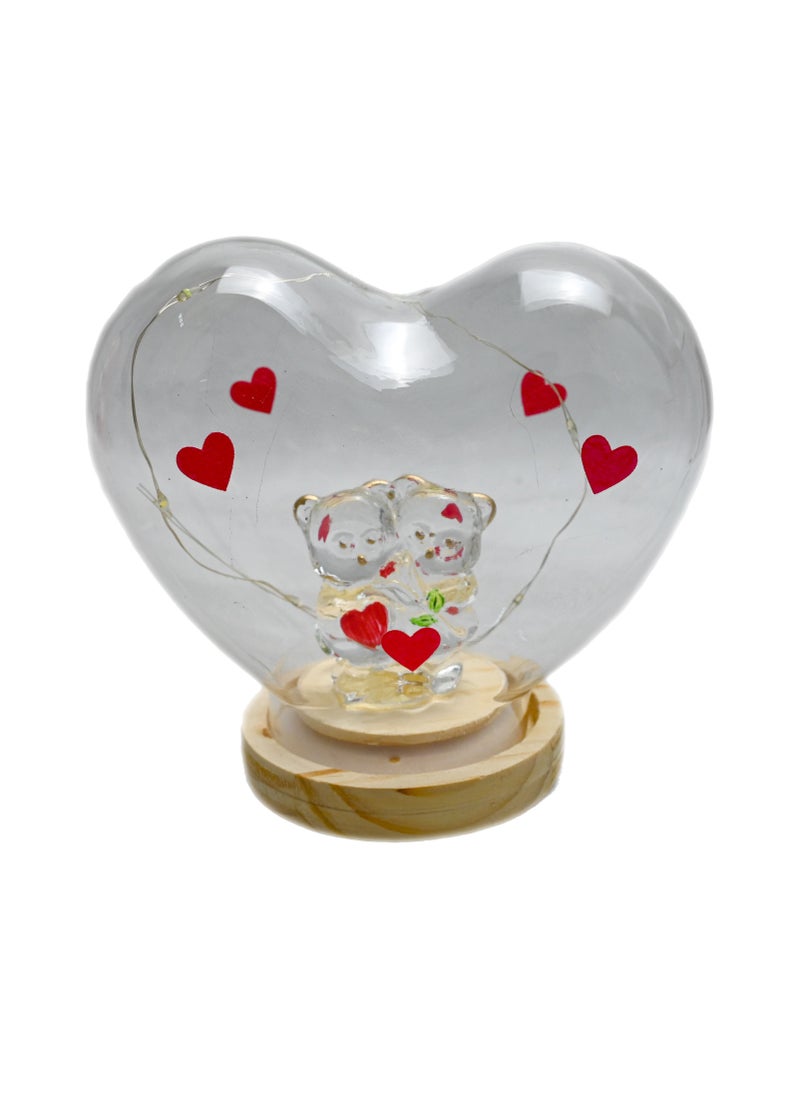 Glowing Couple Bears Heart Dome, Wood Base with Led Light Heart Lamp Base Stand, Night Light for Led Light Crystal Glass Resin Heart Art Display