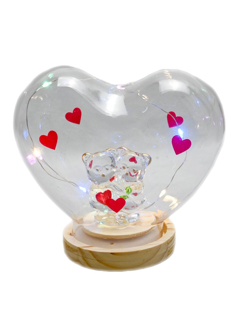 Glowing Couple Bears Heart Dome, Wood Base with Led Light Heart Lamp Base Stand, Night Light for Led Light Crystal Glass Resin Heart Art Display