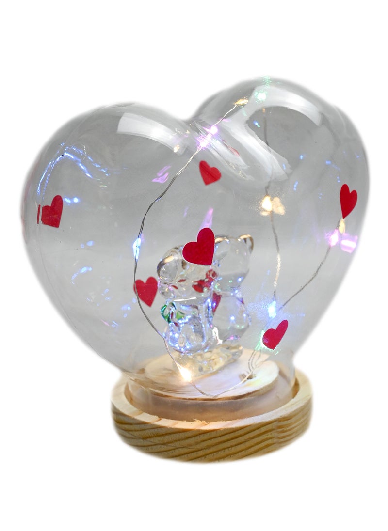 Glowing Couple Bears Heart Dome, Wood Base with Led Light Heart Lamp Base Stand, Night Light for Led Light Crystal Glass Resin Heart Art Display