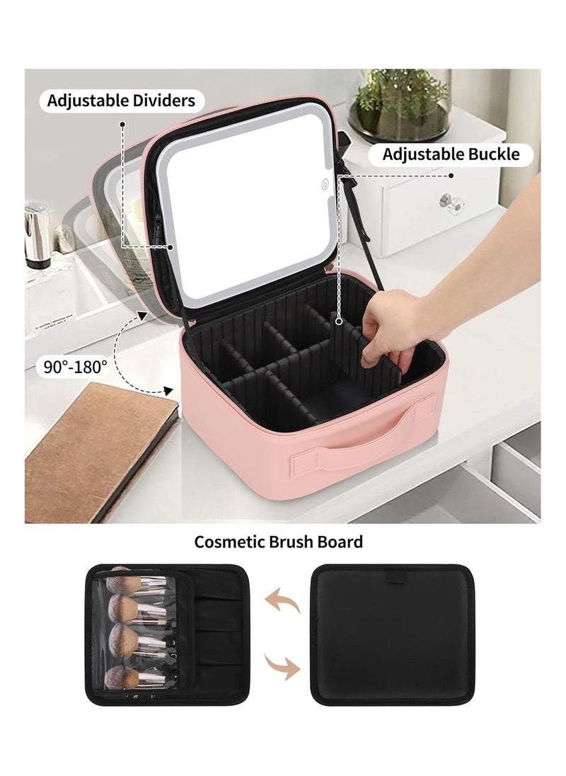 Makeup Bag With LED Mirror, Travel Makeup Case with Light up Mirror Large Cosmetic Case with 3 Color Lighted Portable Professional Makeup Artist Organizer Bag with Adjustable Dividers（Pink）