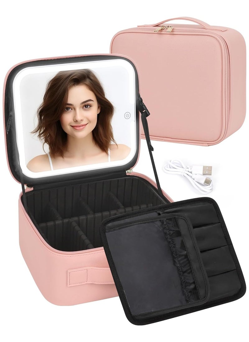 Makeup Bag With LED Mirror, Travel Makeup Case with Light up Mirror Large Cosmetic Case with 3 Color Lighted Portable Professional Makeup Artist Organizer Bag with Adjustable Dividers（Pink）