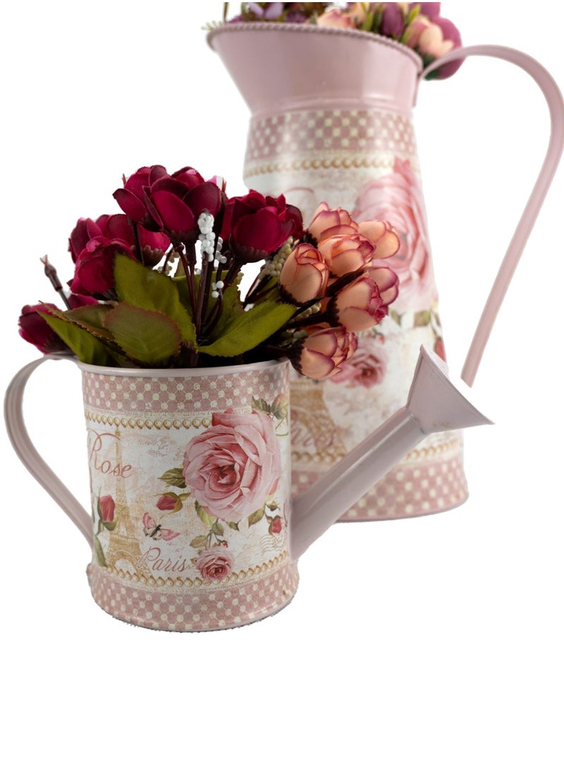 Artificial Flower With Vintage-Inspired Pink French Decoupage Watering Can Rustic Shabby Flower Vase Watering Kettle Shaped Artificial Flower Container Desktop Decorative Ornament Gift For Garden Home