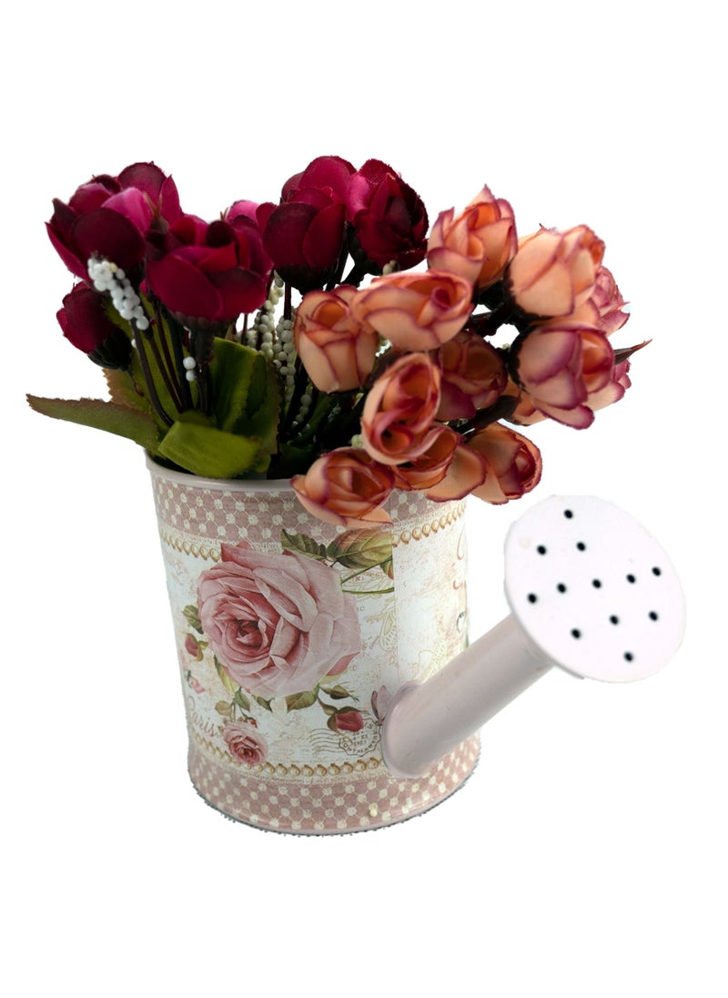 Artificial Flower With Vintage-Inspired Pink French Decoupage Watering Can Rustic Shabby Flower Vase Watering Kettle Shaped Artificial Flower Container Desktop Decorative Ornament Gift For Garden Home