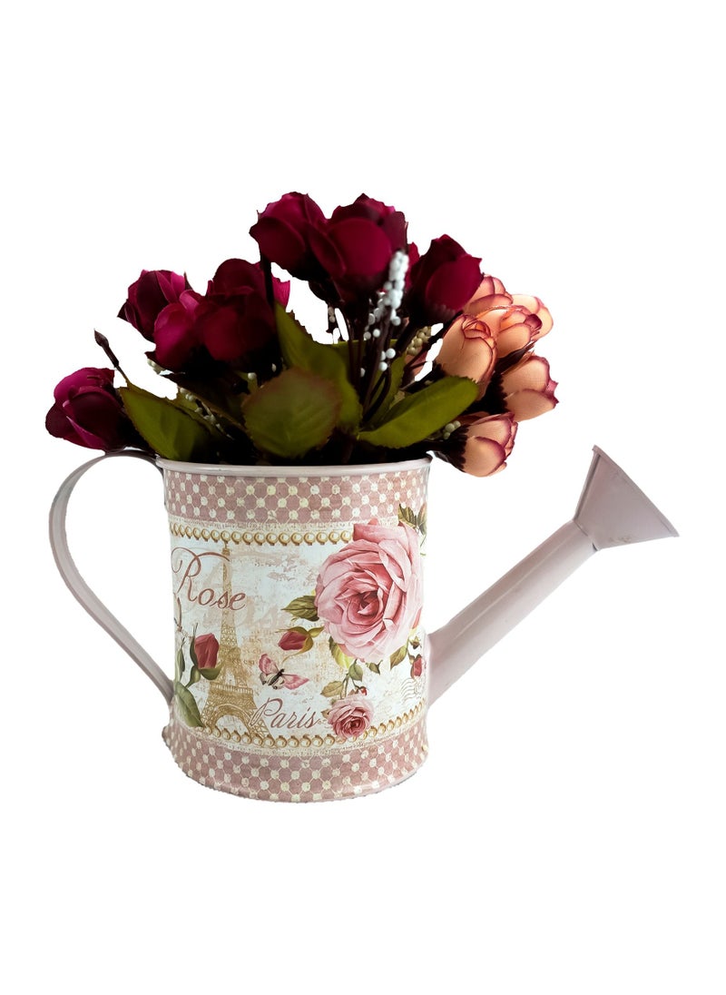 Artificial Flower With Vintage-Inspired Pink French Decoupage Watering Can Rustic Shabby Flower Vase Watering Kettle Shaped Artificial Flower Container Desktop Decorative Ornament Gift For Garden Home