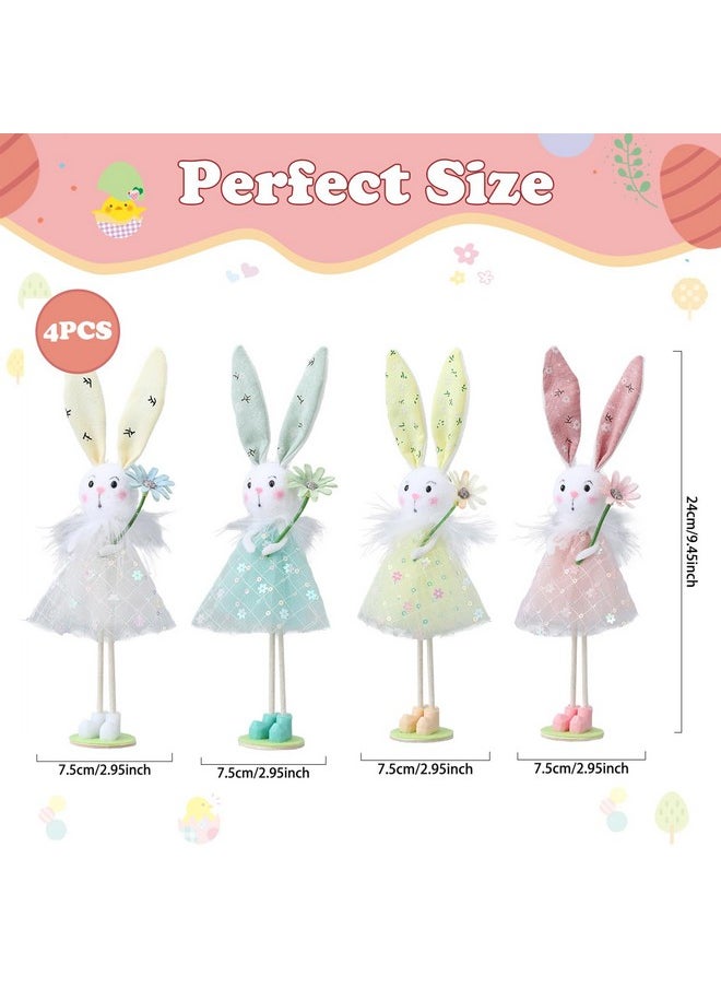 Easter Standing Spring Bunny Figurines Set Of 4 With Holding Flowers And Gauze Puffy Skirt Easter Rabbit Statue For Easter Home Office Spring Holiday Decor (Colorful)