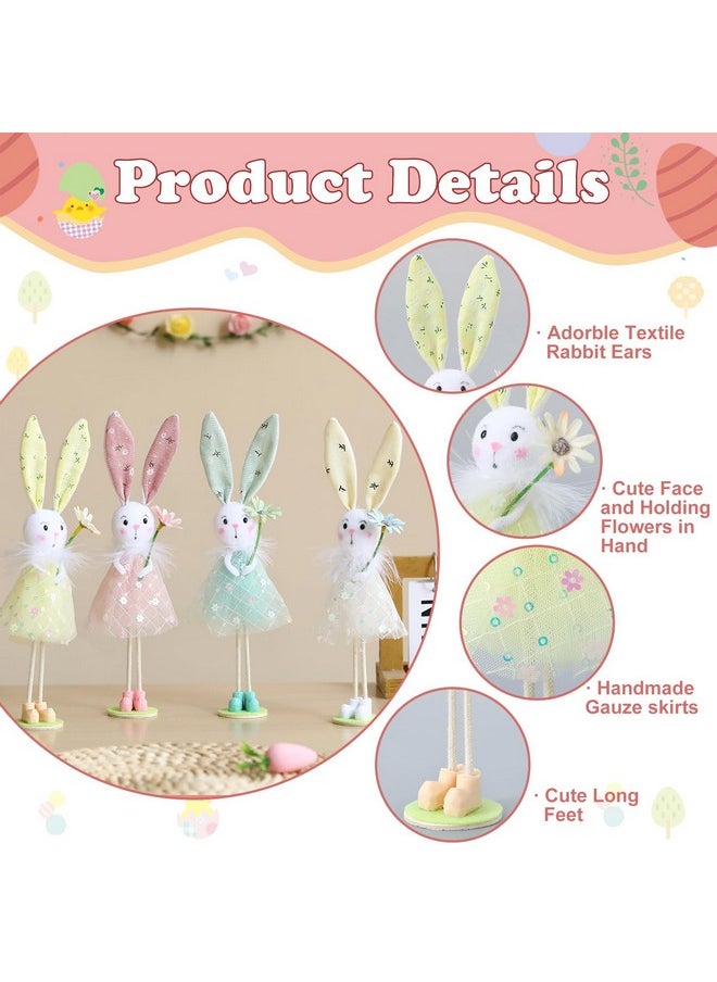 Easter Standing Spring Bunny Figurines Set Of 4 With Holding Flowers And Gauze Puffy Skirt Easter Rabbit Statue For Easter Home Office Spring Holiday Decor (Colorful)