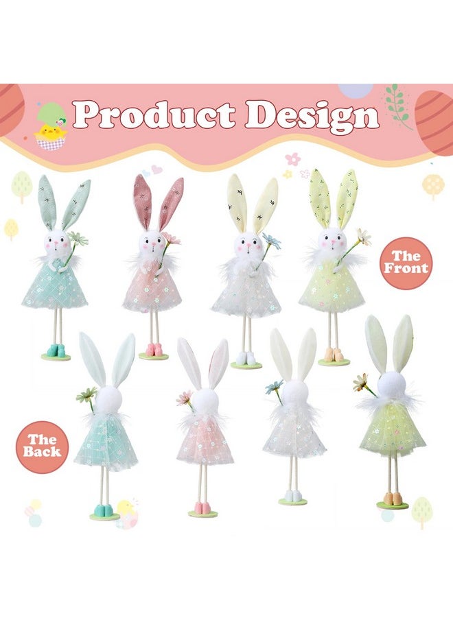 Easter Standing Spring Bunny Figurines Set Of 4 With Holding Flowers And Gauze Puffy Skirt Easter Rabbit Statue For Easter Home Office Spring Holiday Decor (Colorful)