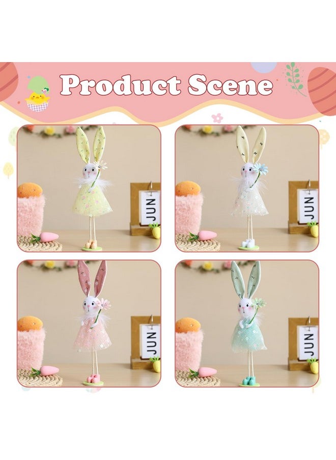 Easter Standing Spring Bunny Figurines Set Of 4 With Holding Flowers And Gauze Puffy Skirt Easter Rabbit Statue For Easter Home Office Spring Holiday Decor (Colorful)