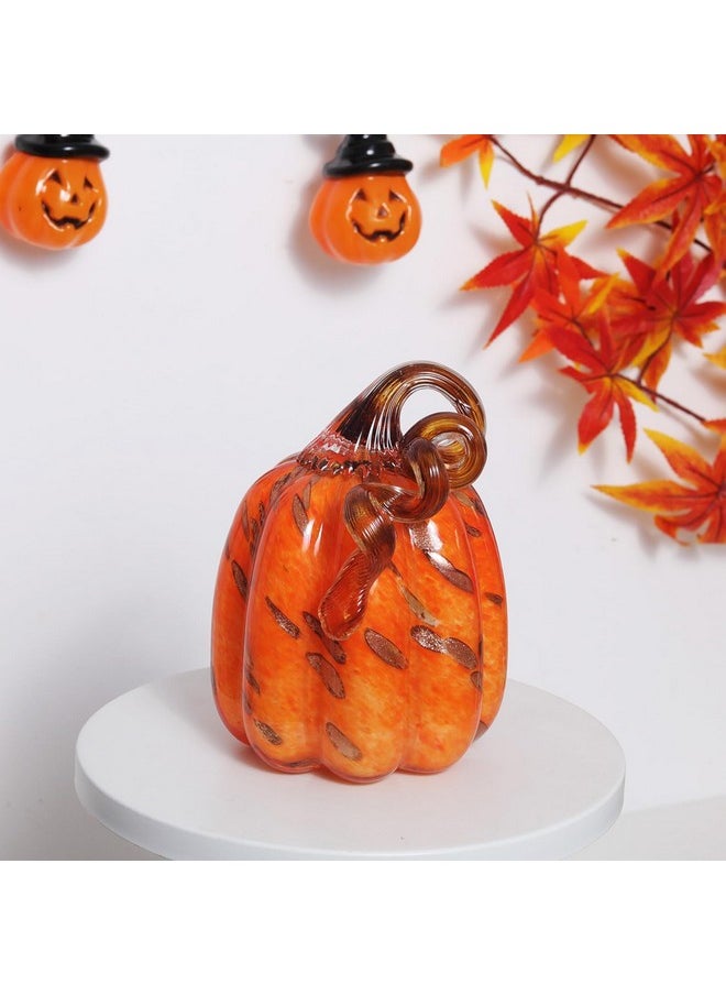 Hand Blown Glass Orange Pumpkin Figurines 4.2 X 5.7 Inch Crystal Fake Pumpkin Collectible Figurine Home Decorations For Tabletop/Halloween/Thanksgiving, Fall Harvest Decor