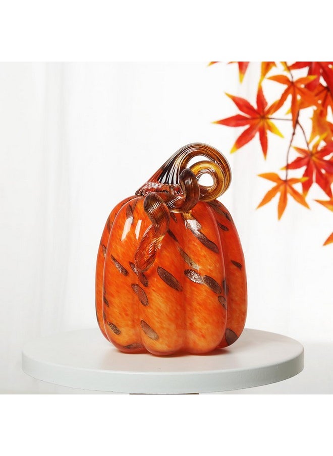 Hand Blown Glass Orange Pumpkin Figurines 4.2 X 5.7 Inch Crystal Fake Pumpkin Collectible Figurine Home Decorations For Tabletop/Halloween/Thanksgiving, Fall Harvest Decor