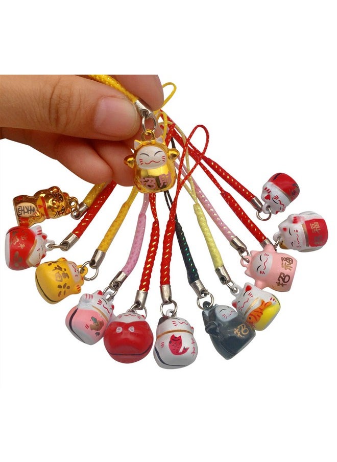 12Pcs Random Fortune Lucky Japanese Beckoning Cat Maneki Neko Keyring Keychain Key Rings, Fengshui Fortune Lucky Cat Kitty Key Chains Keyrings Keychain Good Health Mascot Avoid Evil
