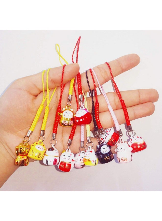 12Pcs Random Fortune Lucky Japanese Beckoning Cat Maneki Neko Keyring Keychain Key Rings, Fengshui Fortune Lucky Cat Kitty Key Chains Keyrings Keychain Good Health Mascot Avoid Evil