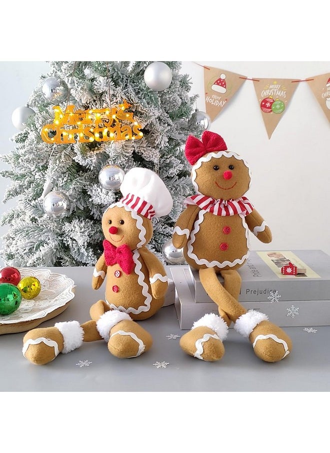 15Inch Large Size Christmas Plush Gingerbread Man Boy Girl Figures With Chef Hat Bowknot Christmas Ornament Home Decorations Doll Soft Door Window Table Tree Holiday Xmas Season Decor