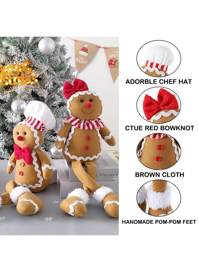 15Inch Large Size Christmas Plush Gingerbread Man Boy Girl Figures With Chef Hat Bowknot Christmas Ornament Home Decorations Doll Soft Door Window Table Tree Holiday Xmas Season Decor