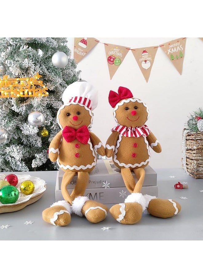 15Inch Large Size Christmas Plush Gingerbread Man Boy Girl Figures With Chef Hat Bowknot Christmas Ornament Home Decorations Doll Soft Door Window Table Tree Holiday Xmas Season Decor