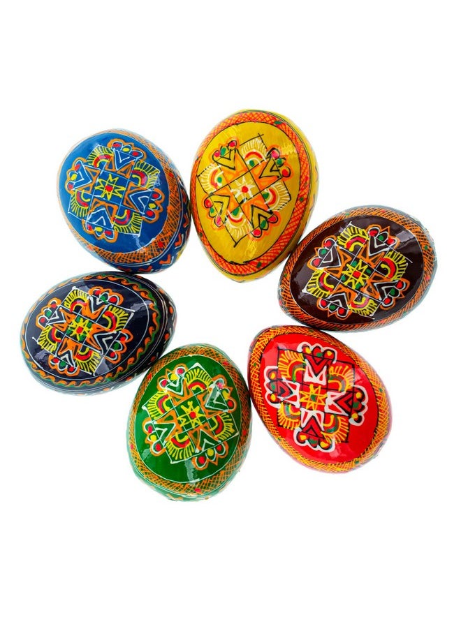 Set Of 6 Hand Painted Wooden Ukrainian Easter Eggs 2.5 Inches