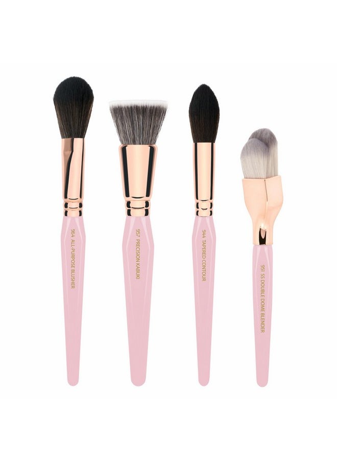 Pink Golden Triangle Face Makeup Brush Set - With Soft Synthetic Bristles And Rose Gold Brass Ferrule For A Flawless Appearance (Pink, 4 Pcs)