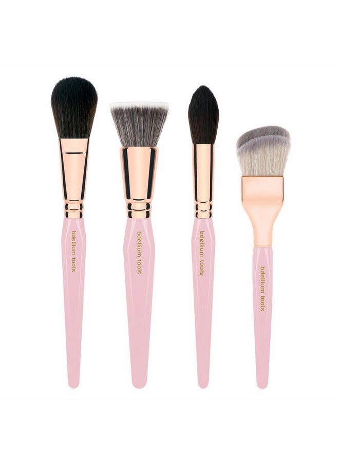 Pink Golden Triangle Face Makeup Brush Set - With Soft Synthetic Bristles And Rose Gold Brass Ferrule For A Flawless Appearance (Pink, 4 Pcs)