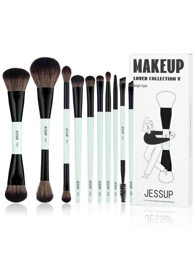 Makeup Brushes Set 10Pcs, Double Sided Foundation Contour Blush Highlight Blending Eyebrow Brush Eyeshadow Eyeliner Concealer Brush, Bright Cyan Cruelty Free Cosmetic Tools T500