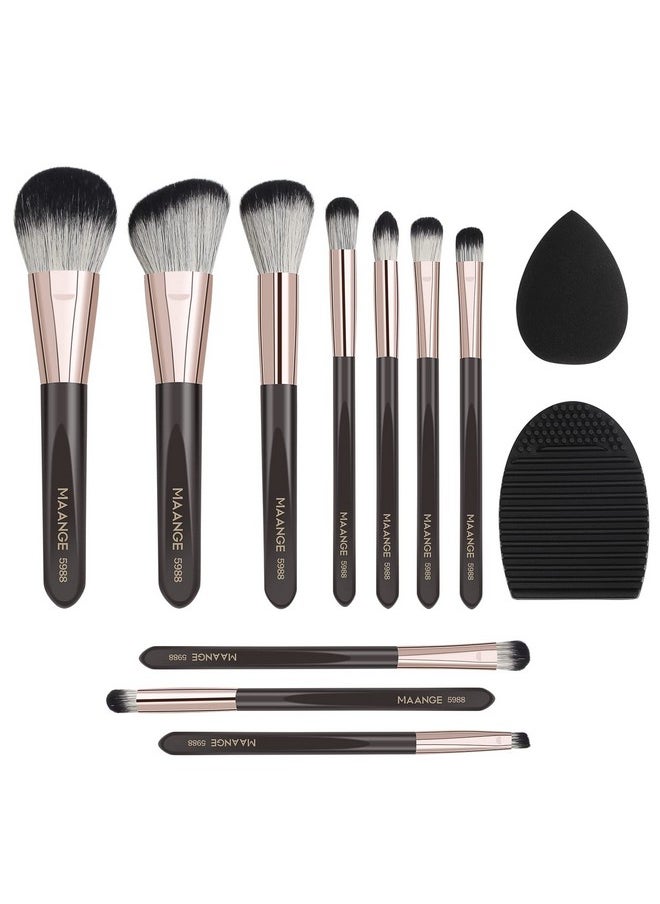 Makeup Brushes 10 Pcs Makeup Brush Set Professional Premium Synthetic Foundation Brush Blending Face Powder Eye Shadows Blush Make Up Brushes With Makeup Sponge And Brush Cleaner (Brown)