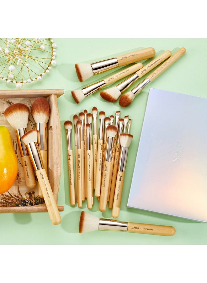 Professional Bamboo Makeup Brushes, Premium Synthetic Foundation Powder Concealer Blush Highlight Eye Blending Cosmetic Brush Set 25Pcs T135