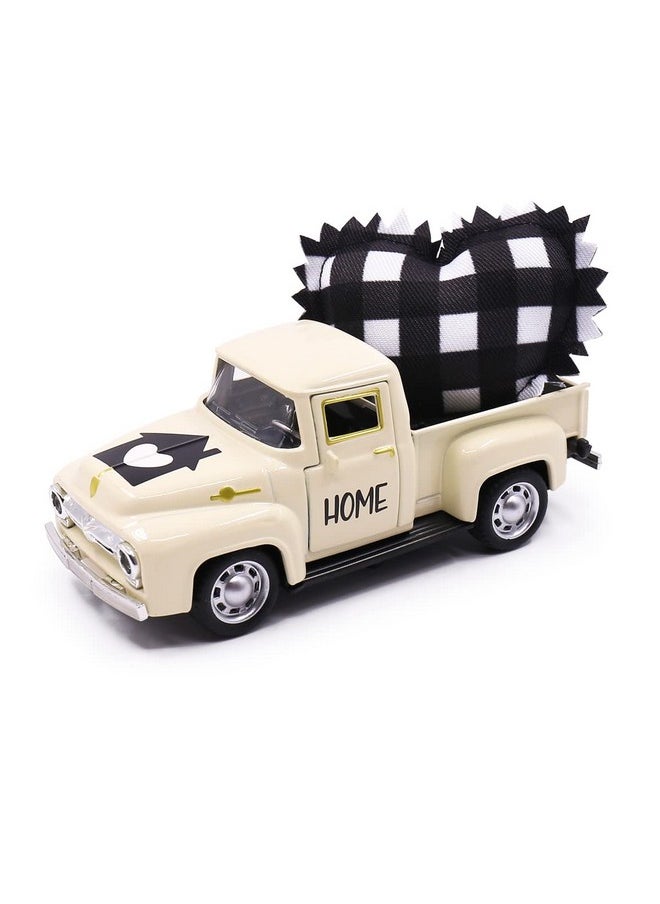 4.8 Inch Metal Farm Truck With Stuffed Fabric Buffalo Check Heart Farmhouse Rustic Home Tiered Tray Decor Buffalo Plaid Decorations Vintage Pickup Mini Diecast Truck Bookshelf Table Decors