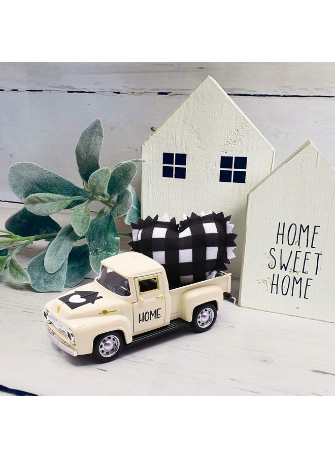 4.8 Inch Metal Farm Truck With Stuffed Fabric Buffalo Check Heart Farmhouse Rustic Home Tiered Tray Decor Buffalo Plaid Decorations Vintage Pickup Mini Diecast Truck Bookshelf Table Decors