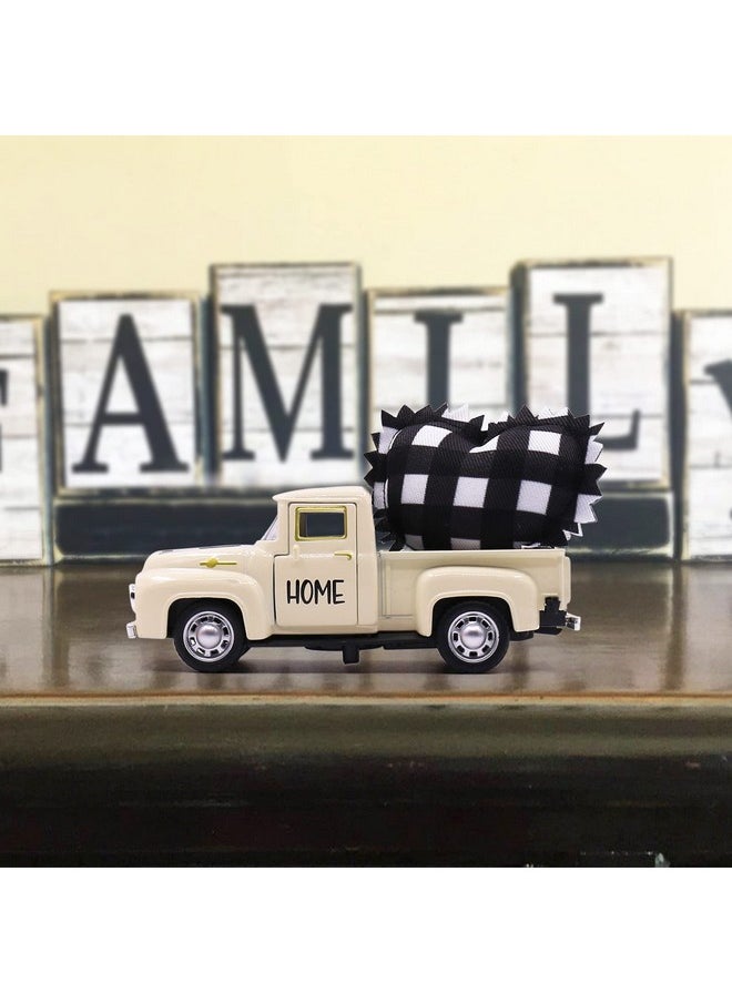 4.8 Inch Metal Farm Truck With Stuffed Fabric Buffalo Check Heart Farmhouse Rustic Home Tiered Tray Decor Buffalo Plaid Decorations Vintage Pickup Mini Diecast Truck Bookshelf Table Decors